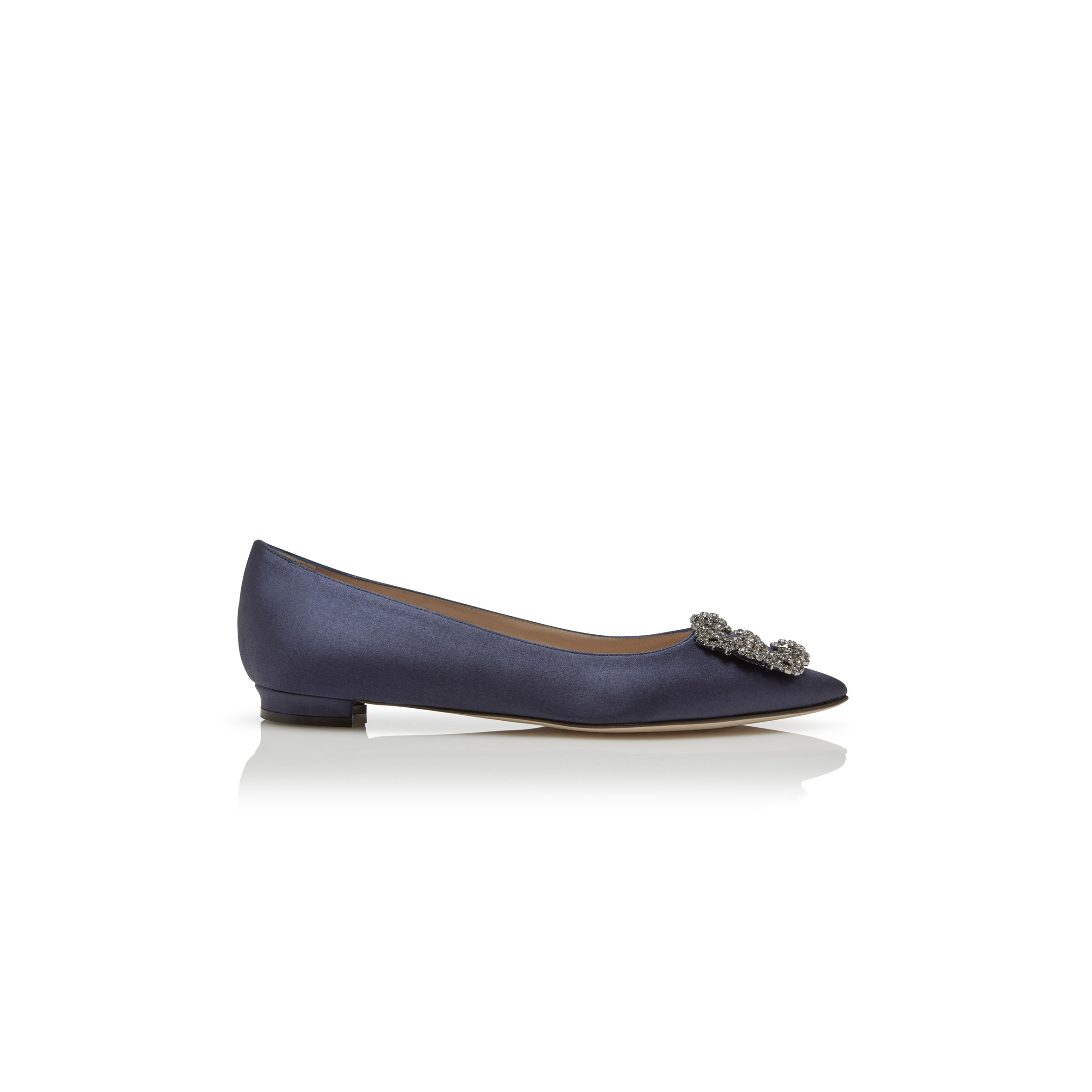 MANOLO BLAHNIK HANGISIFLAT NAVY SATIN JEWEL BUCKLE FLAT PUMPS 9XX-0348-0033